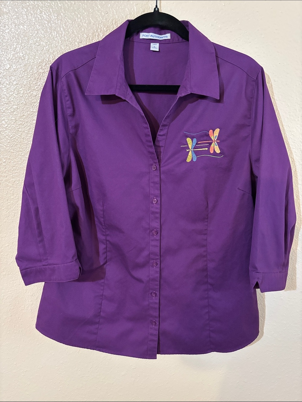 Port Authority Purple Button-Down Shirt with Colorful Dragonfly Embroidery